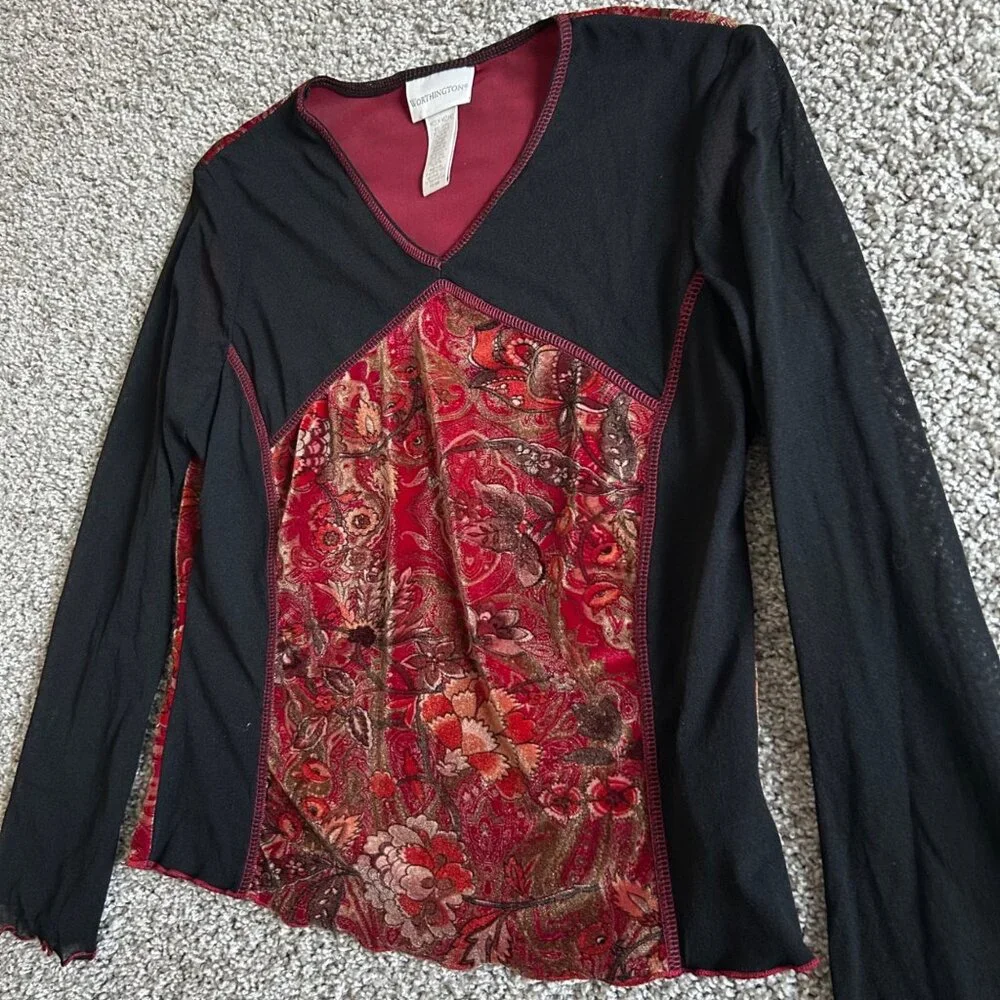 Worthington Womens Y2K Medium Floral Velvet & Black Long Sleeve V-Neck Top - Picture 5 of 11